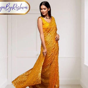 Gelbe Pailletten bereit, Saree für Frauen tragen: Indische Hochzeit Party Wear