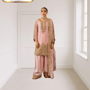Pink Georgette Sharara Suit: Embroidered Indian Anarkali Dress