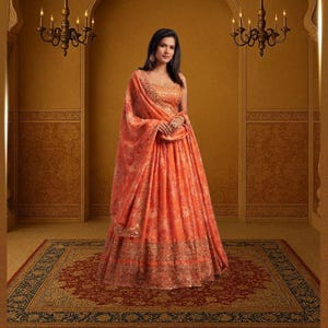Orange Lehenga Choli: Zari & Sequins Embroidery, Indian Wedding Wear