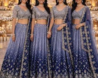 Navy Blue Pailletten bestickt bereit, Lehenga Choli zu tragen: Indische Hochzeitskleidung