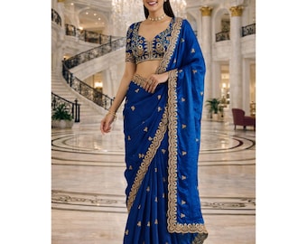 Royal Blue Sequin Ready To Wear Saree For Women: Tissue Embroidery, Indian Wedding Wear
