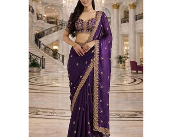 Purple Sequin Ready To Wear Saree For Women: Tissue Embroidery, Indian Wedding Wear