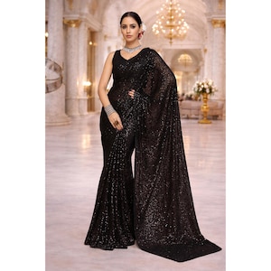 Schwarze Pailletten bereit, Saree für Frauen tragen: Indische Hochzeit Party Wear