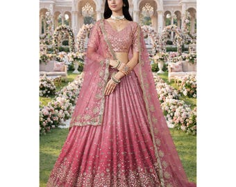Pfirsich-Rosa bereit zu tragen Lehenga Choli : Pailletten-Stickerei-Indianer Hochzeitskleidung