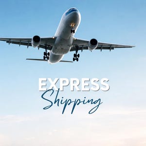 以下が含まれることがあります： 澄み切った青空を背景に、飛行中の旅客機。 「EXPRESS Shipping」の文字が、飛行機の下に白と青の筆記体で表示されています。 飛行機は白を基調とし、グレーと黒のアクセントが施されています。