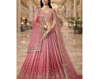 Pfirsich-Rosa bereit zu tragen Lehenga Choli : Pailletten-Stickerei-Indianer Hochzeitskleidung