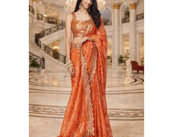 Orange Georgette Saree For Women: Indian Wedding Wear with Sequins Embroidery Ready To Wear