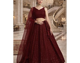 Prêt-à-porter bordeaux Lehenga Choli : tenues de mariage indiennes, broderie de sequins