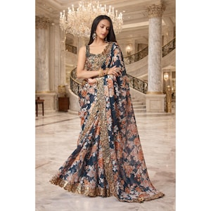 Blue Floral Saree For Women: Georgette Sequins Embroidery, Ready To Wear image 1