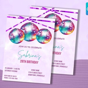 Invitation d'anniversaire Disco Violet | Modifiable sur Canva | Téléchargement instantané