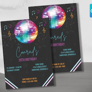 Invitation d'anniversaire Black Disco | Modifiable sur Canva | Téléchargement instantané