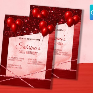 Invitation d'anniversaire rouge élégante | Modifiable sur Canva | Téléchargement instantané