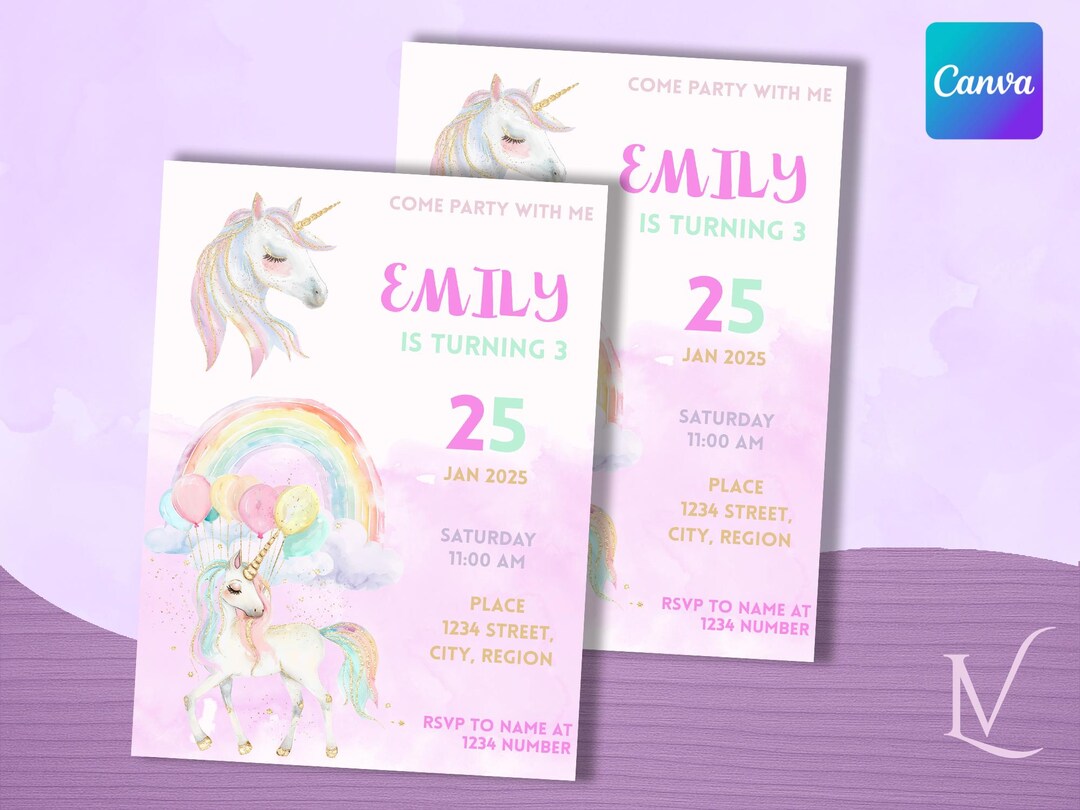 Elegant Unicorn Birthday Invitation | Editable Canva Template | Digital ...