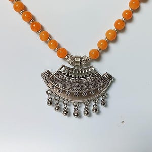 Boho Tribal Oxidised Necklace, Orange Bead Jewelry, Indian Ethnic Statement Pendant, Festival Bohemian Necklace gift for women, gift for her