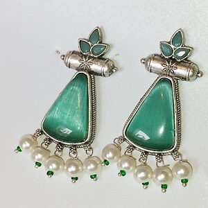 Oxidised German Silver Earrings Green | Peacock Motif Gem Drop | Ethnic Gift for Her