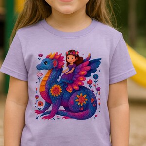 T-shirt drakenrijder meisjes – grillig bloemen-fantasie-T-shirt voor kinderen – kleurrijk sprookjesshirt met draken