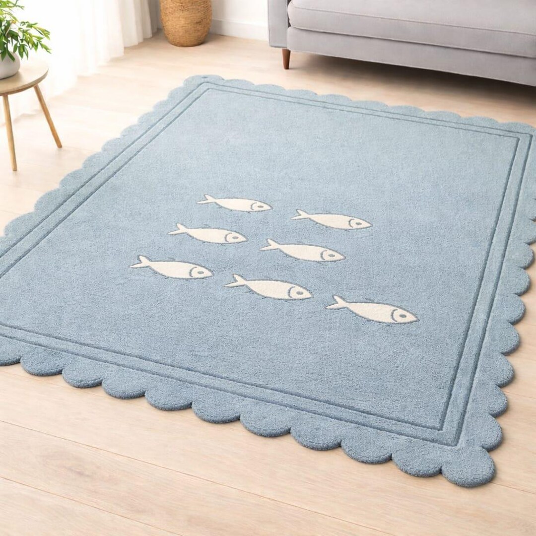 Fish Patterned Rugs Blue Fish Pattern Rug With Scalloped Border, Modern Coastal Area Rug ...