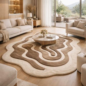 Puede incluir: Salón con una gran alfombra de forma abstracta en tonos marrón y crema. La alfombra es el punto focal, complementada con muebles de tonos neutros, una mesa de centro redonda y suelo de madera. La habitación tiene un ambiente luminoso y aireado.