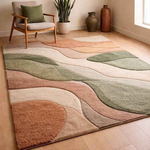 Modern Abstract Hand Tufted Area Rug in Sage Green Terracotta & Beige, High Low Texture Soft Carpet for Living Room