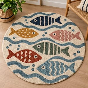 Round Fish Rug, Ocean-Inspired Nautical Fish Pattern Rug, Hand Tufted Coastal Area Rug, Colorful Sea Life Decor, Kids Room Nursery Rug,