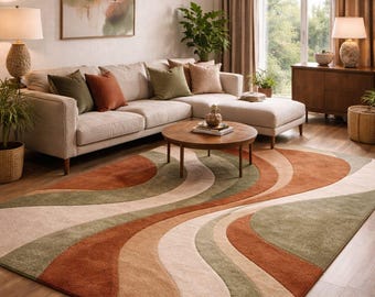 Modern Terracotta & Sage Wave Design Area Rug – Contemporary Hand Tufted Carpet
