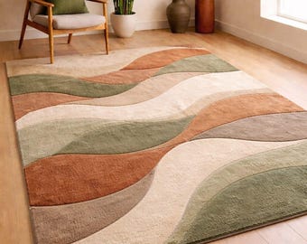 Abstract Terracotta Sage Green Beige Rug, Modern Wavy Pattern Area Rug, Neutral Boho Living Room Carpet, Contemporary Handmade Style Rug”
