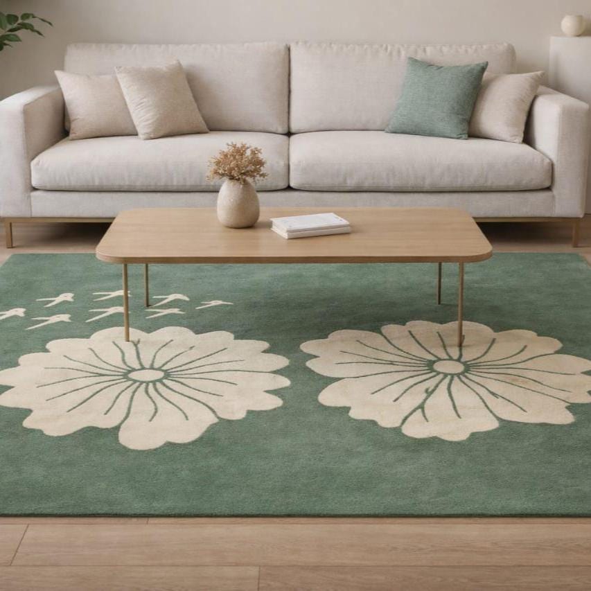 Hand Tufted Sage Green Floral Area Rug for Living Room, Modern Minimal ...