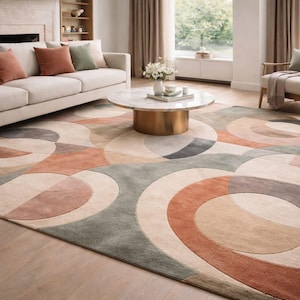 Op de afbeelding: Een groot vloerkleed met een geometrisch patroon in tinten grijs, beige en roest. Het kleed ligt in een woonkamer met een bank, salontafel en fauteuil. Het ontwerp van het kleed bestaat uit overlappende cirkels en gebogen vormen.
