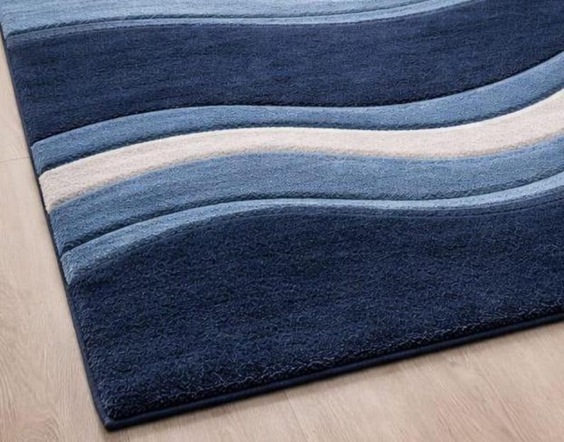 Modern Blue Wave Area Rug, Abstract Navy Light Blue Carpet ...