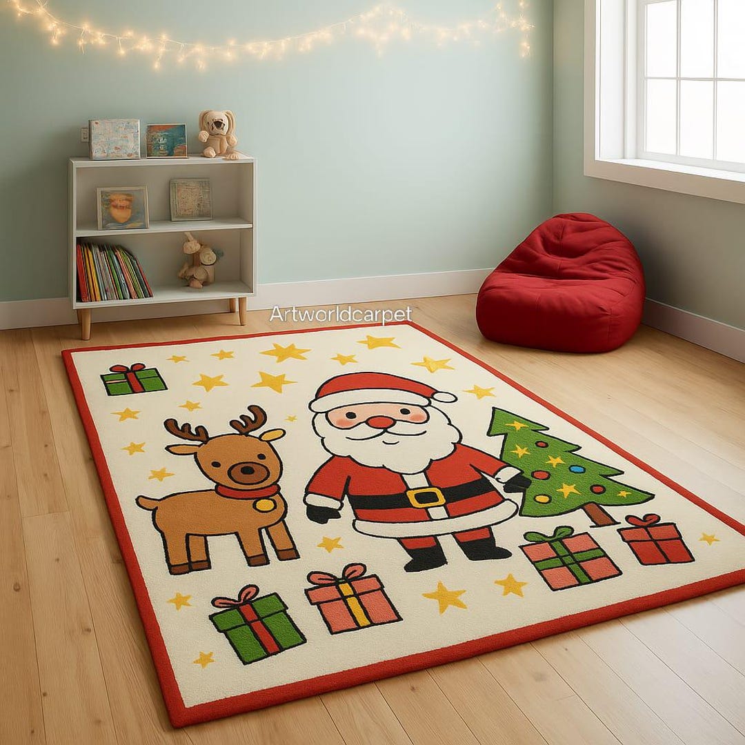 Hand-tufted Wool Christmas Kids Rug - Pastel Mint Santa Sleigh Snowman ...