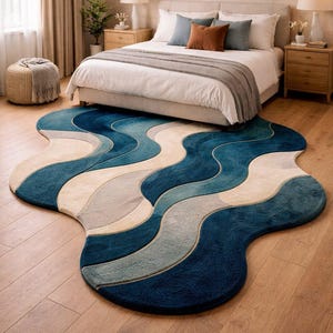Puede incluir: Una alfombra ondulada azul, beige y gris en un dormitorio. La alfombra presenta un diseño fluido y orgánico con diferentes tonos de azul, beige y gris. La alfombra está colocada sobre un suelo de madera frente a una cama.