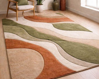 Abstract Wave Area Rug – Terracotta Green & Beige Modern Carpet – Contemporary Earth Tone Living Room Rug