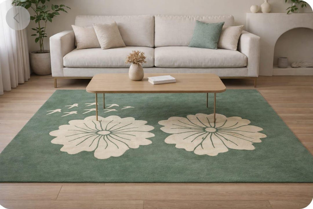 Hand Tufted Sage Green Floral Area Rug for Living Room, Modern Minimal ...