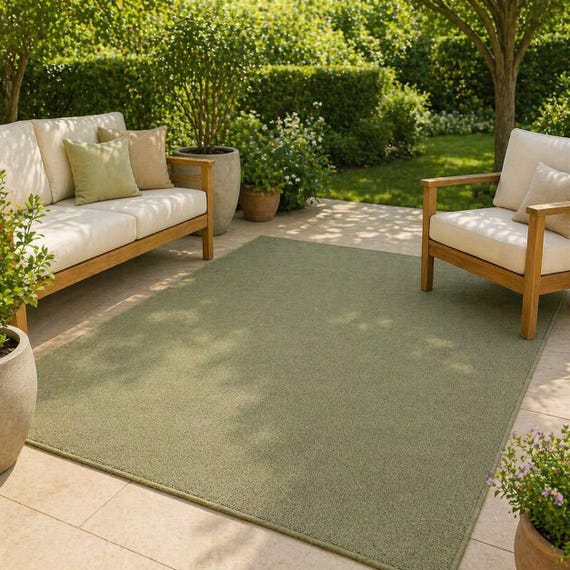 Minimalist Olive Green Indoor Outdoor Patio Rug | Modern Plain Area Rug | Waterproof Garden Carpet | Deck Balcony Porch Rug |