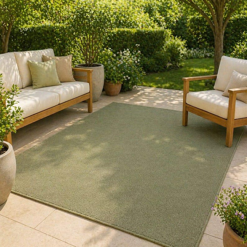 May include: A rectangular, olive green outdoor rug is placed on a patio. The rug is surrounded by outdoor furniture, including a wooden sofa and armchair with cream-colored cushions. Potted plants and lush greenery create a natural backdrop.