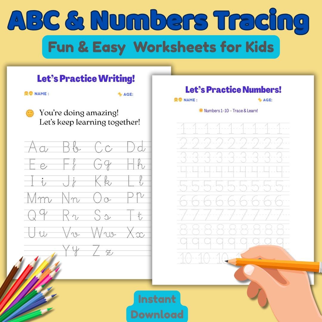 ABC and Number Tracing Worksheets, Handwriting Practice (PDF Download ...