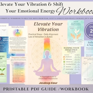 May include: A printable PDF guide and workbook titled "Elevate Your Vibration & Shift Your Emotional Energy." The cover features a meditating figure with a rainbow aura, and the workbook includes over 24 pages of spiritual exercises.