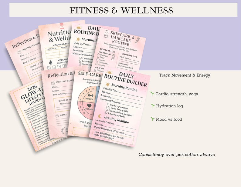 Glow up mindset and lifestyle journal for 2026 created to guide daily routines, self care planning, wellness tracking, fitness habits, beauty routines, financial awareness, and reflection. This digital PDF journal helps users stay consistent, organized, and confident while aligning lifestyle habits with personal growth goals.