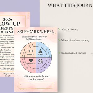 Lifestyle glow up planner for 2026 offering structured daily routines, self care check ins, fitness tracking, hydration logs, skincare and haircare routines, mindset journaling, and reflection pages. This digital PDF journal helps users build discipline, confidence, and balance while supporting long term wellness and personal development.