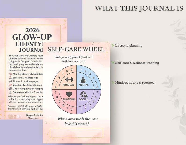 Lifestyle glow up planner for 2026 offering structured daily routines, self care check ins, fitness tracking, hydration logs, skincare and haircare routines, mindset journaling, and reflection pages. This digital PDF journal helps users build discipline, confidence, and balance while supporting long term wellness and personal development.