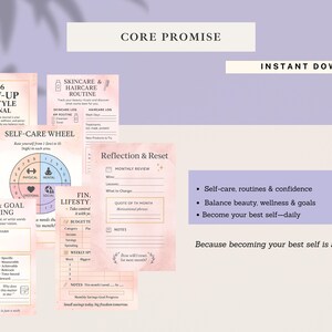 2026 self care and glow up journal designed for lifestyle transformation through daily routine building, wellness tracking, fitness and nutrition awareness, skincare planning, mindset reflection, and goal setting. This digital PDF journal supports consistency, confidence, and intentional habits while helping users align self care, productivity, and personal growth.