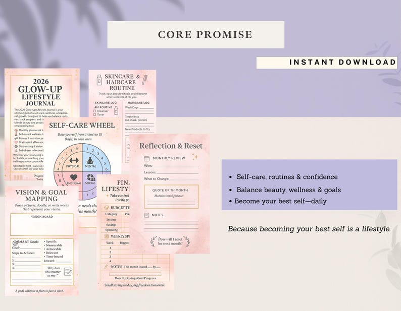 2026 self care and glow up journal designed for lifestyle transformation through daily routine building, wellness tracking, fitness and nutrition awareness, skincare planning, mindset reflection, and goal setting. This digital PDF journal supports consistency, confidence, and intentional habits while helping users align self care, productivity, and personal growth.