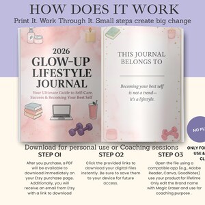 Glow up lifestyle journal PDF for 2026 designed to help users build daily routines, track self care and wellness, improve fitness habits, maintain skincare routines, reflect monthly, and celebrate progress. This all in one digital journal supports confidence, consistency, and intentional self improvement while helping users become their best self.