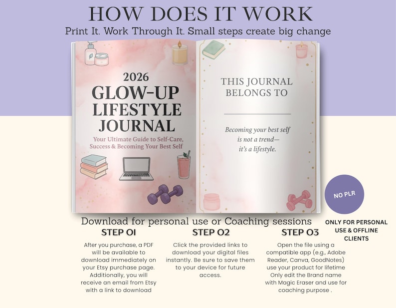 Glow up lifestyle journal PDF for 2026 designed to help users build daily routines, track self care and wellness, improve fitness habits, maintain skincare routines, reflect monthly, and celebrate progress. This all in one digital journal supports confidence, consistency, and intentional self improvement while helping users become their best self.