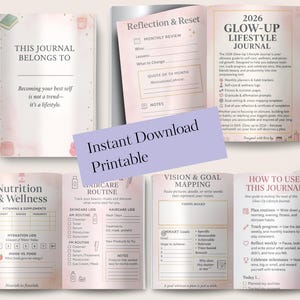 2026 glow up and self improvement journal created to support wellness habits, beauty routines, fitness tracking, mindset growth, financial awareness, and goal clarity through structured lifestyle planning and reflection. This digital PDF journal encourages intentional living, self confidence, and consistent progress across health, habits, and personal goals.