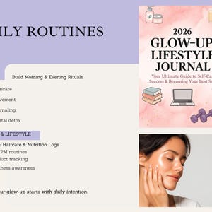 Self care and lifestyle journal PDF designed for 2026 to help users organize daily routines, track fitness and nutrition, maintain skincare and haircare logs, practice gratitude, build confidence, and reflect monthly. This glow up journal supports balanced living, habit consistency, and intentional personal growth.