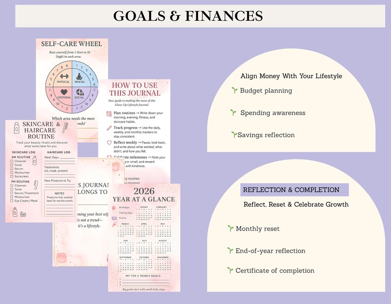 2026 glow up lifestyle journal designed to support self care rituals, habit tracking, fitness and wellness awareness, skincare routines, mindset reflection, and goal planning through structured journaling pages. This digital planner encourages intentional living, confidence building, and balanced personal development throughout the year.