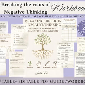 May include: A printable and editable PDF workbook titled "Breaking the Roots of Negative Thinking." The guide includes worksheets, a growth tracking chart, and a coping skills toolbox. The cover features a tree illustration and the text "Your Guide to Emotional Balance, Healing, and Self-Regulation."