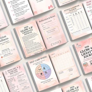 Glow up lifestyle journal PDF for 2026 created to help users build daily routines, track self care habits, improve wellness, monitor fitness progress, and strengthen mindset using structured planners, reflection prompts, skincare logs, and habit tracking pages. This all in one lifestyle journal supports confidence building, balanced living, and sustainable self improvement.