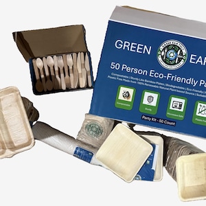 25 or 50 Person Palm Leaf Party Kit With 10&quot; & 7&quot; Plates, 5&quot; Bowls, Paper Cups, Wooden Cutlery and Napkins (Round or Square)
